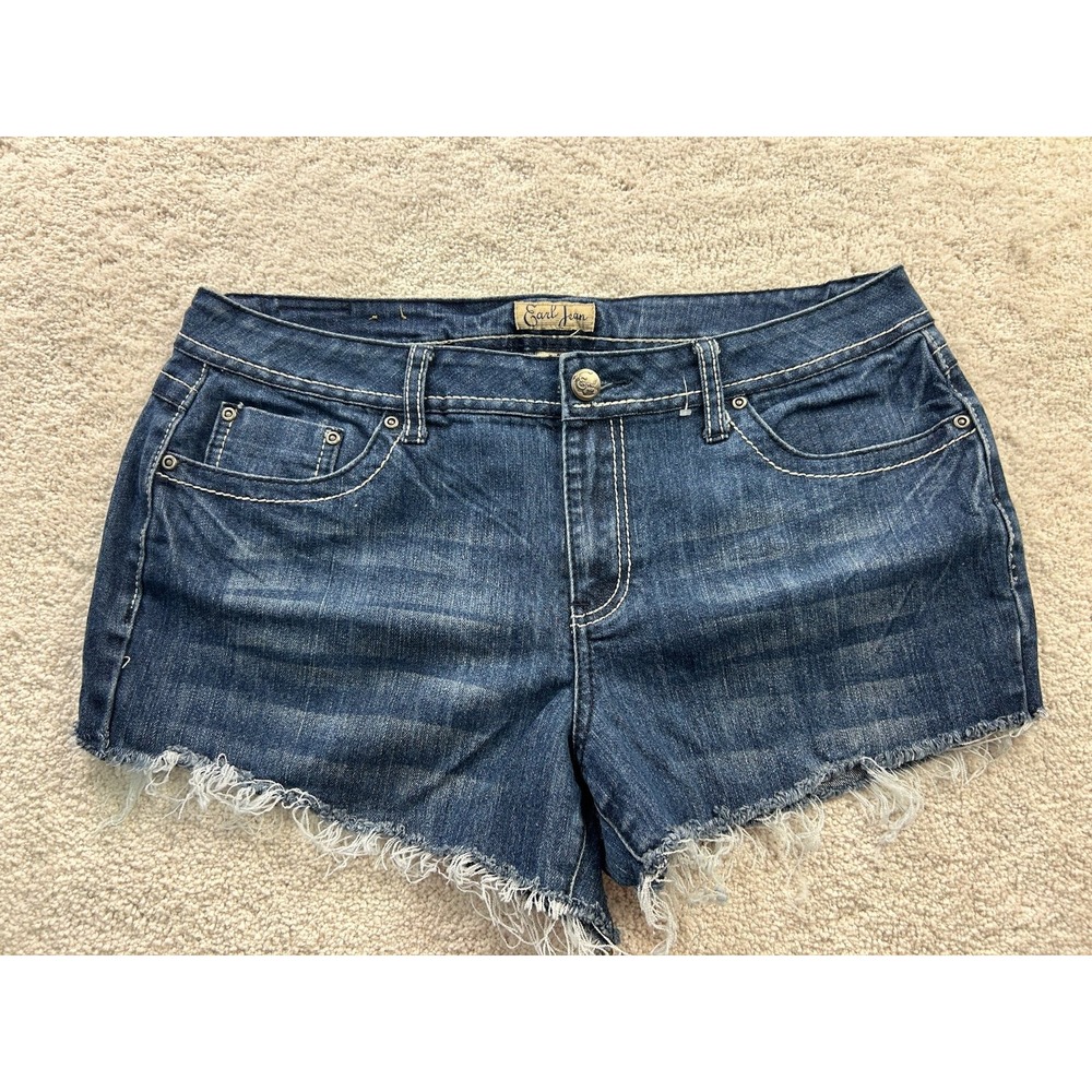 Earl Jean Women's Denim Shorts Size 14 Blue Frayed Hem Studded Pockets